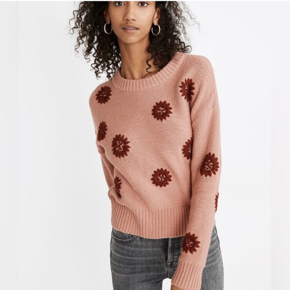 Madewell Pink Floral Crew Neck Sweater